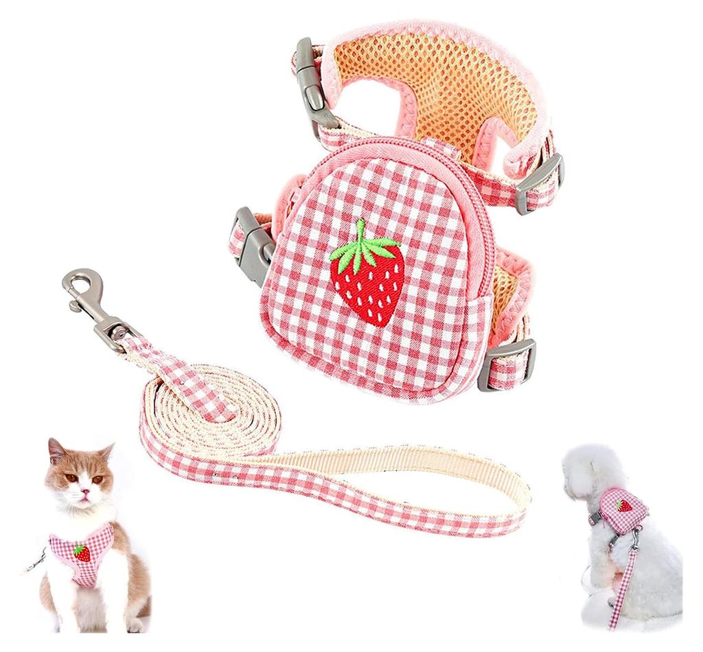 Hundegeschirr für kleine Hunde mit Erdbeermuster, verstellbar und atmungsaktiv, für Pomeranian und Katzen (S, Rosa)
