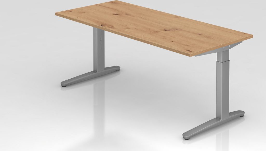 Schreibtisch Mika | Asteiche | Silber Gestell | BxT 180x80cm | Arbeitshöhe 65-85cm | höhenjustierbar, 1cm Raster | C-Fuß-Gestell | Rechteckform
