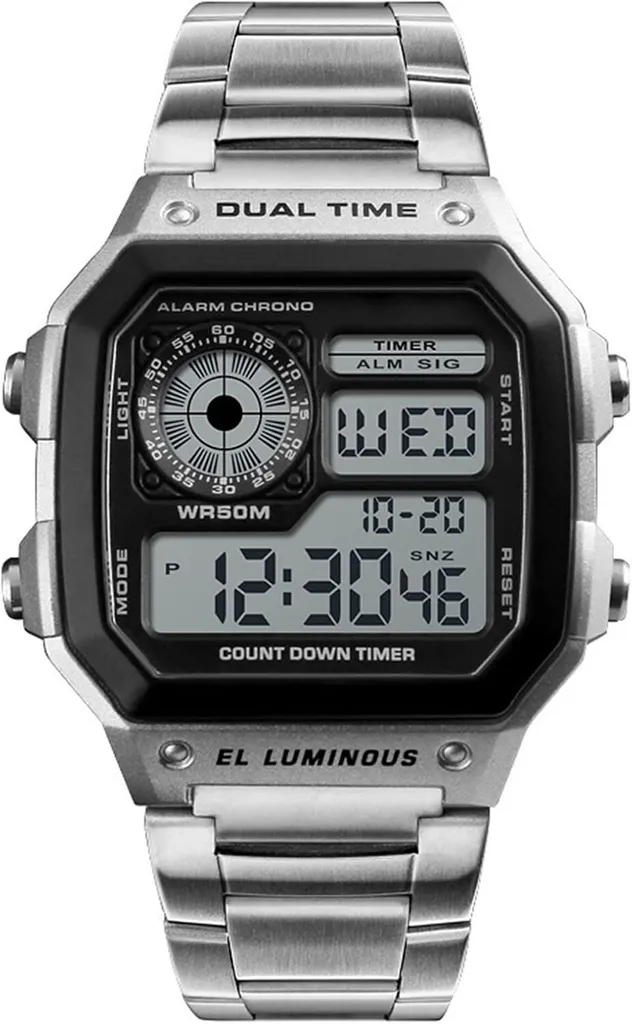 Orologio Sportivo Digitale Uomo 50m Impermeabile - LED Crono Acciaio
