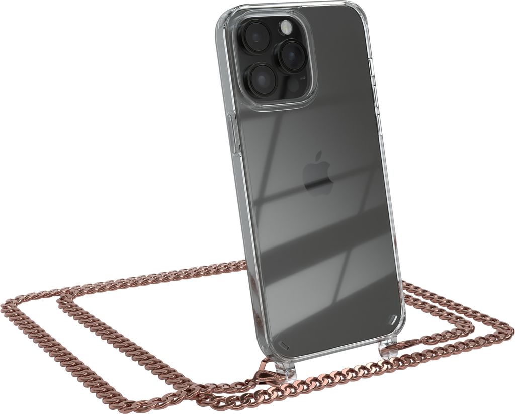 EAZY CASE Metall Handykette für Apple iPhone 14 Pro Max, Handyhülle mit Umhängeband, Silikonhülle, Metallkette für Smartphone in Rosa