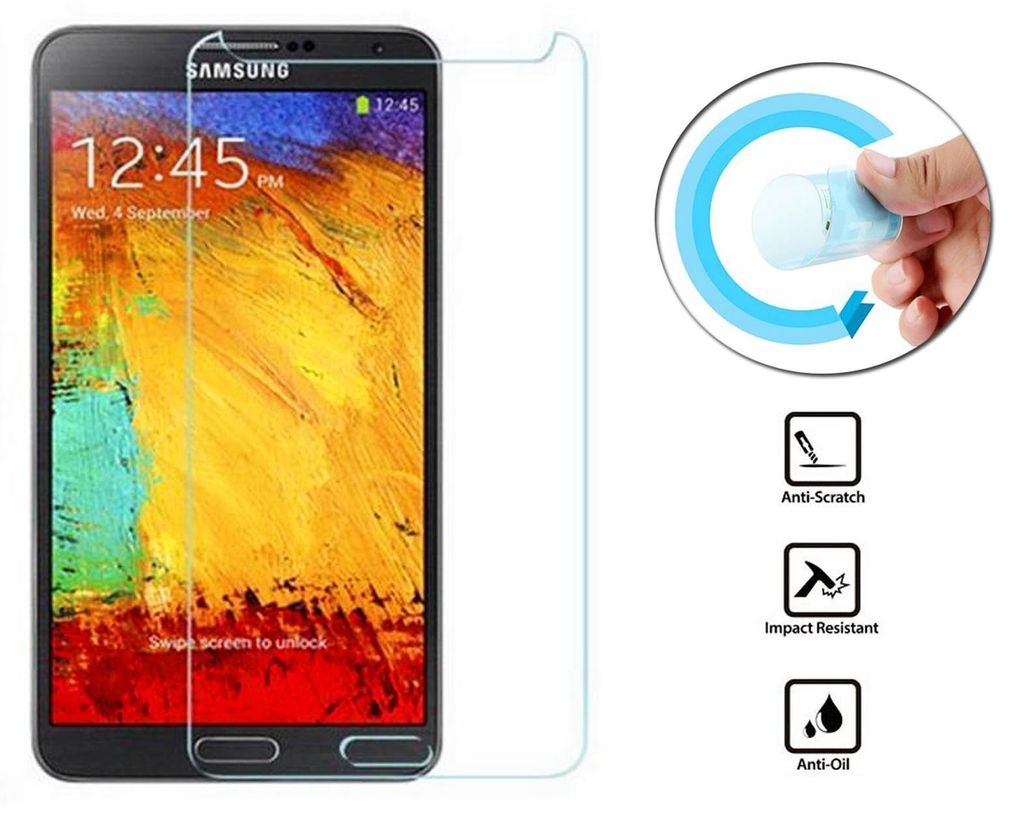 A screen protector for a Samsung Galaxy Note 3 is shown on a phone, with marketing icons on the right.
