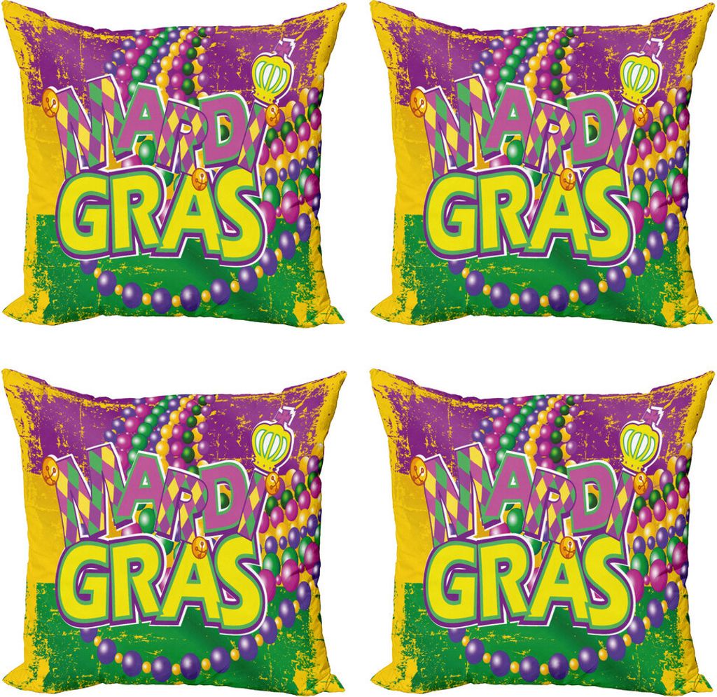 ABAKUHAUS Karneval Kissenbezug Set (4 Stück), Grunge Beads Letters, Moderner Doppelseitiger Digitaldruck, 50 cm x 50 cm, Lila, Grün, Gelb