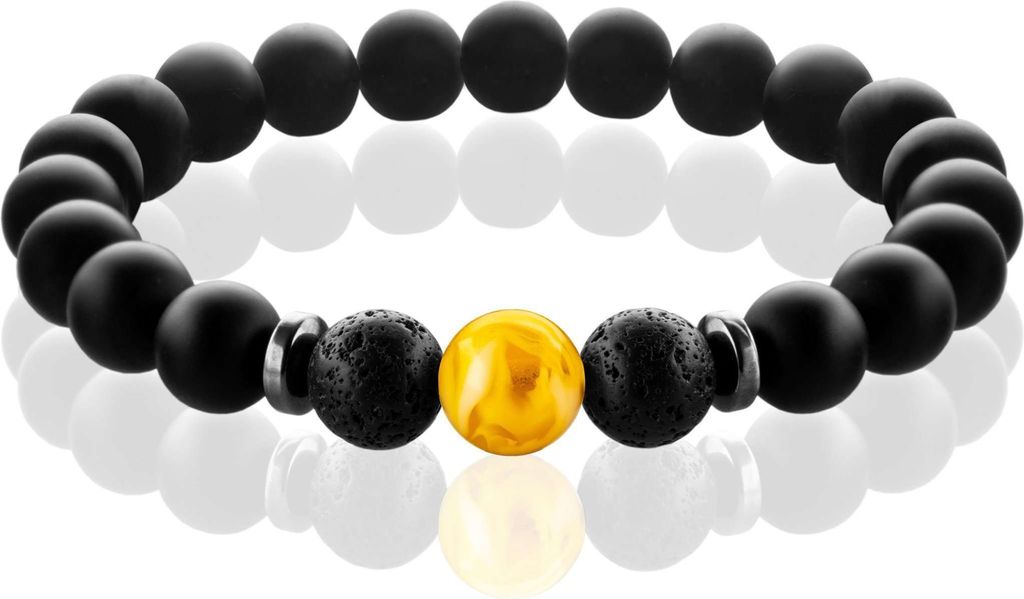 FABACH Chakra Perlenarmband mit 8mm Amber-Perle, Lavastein und Onyx-Naturstein (schwarz) - Yoga Armband aus Heilsteinen - Energiearmband für Damen...