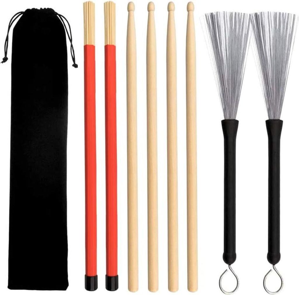 Drumsticks Set, 2 Paar Klassische Hochwertige Ahorn-Drum-Stick-Sets mitEinziehbarerDrahttrommelbürsteundBundle-Drum-Stick-Dowel-Drumsticks Plus Wa...