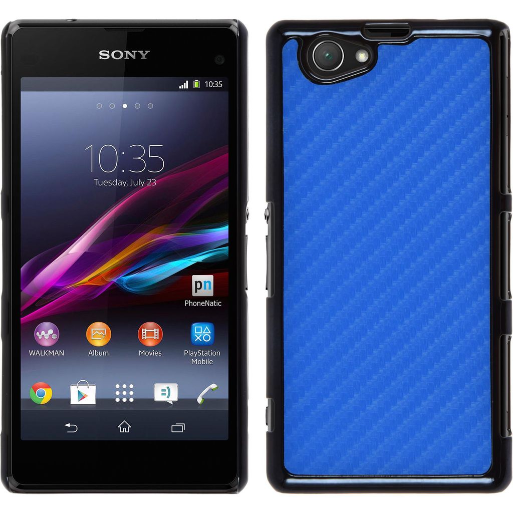 PhoneNatic Case kompatibel mit Sony Xperia Z1 Compact - Hülle blau Carbonoptik Hard-case + 2 Schutzfolien