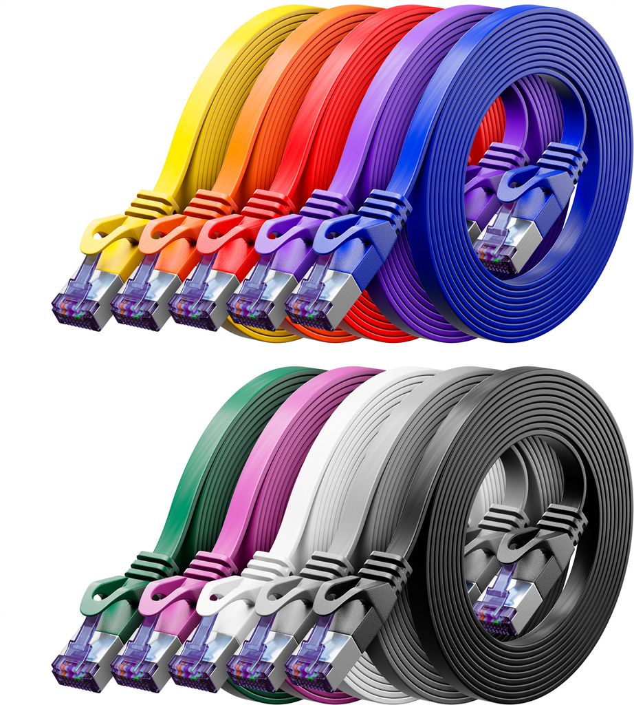 deleyCON 10x 2m RJ45 Patchkabel Flachkabel mit CAT7 Rohkabel Netzwerkkabel Ethernetkabel Slim U/FTP Gigabit Ethernet Lan Kabel - Bunt