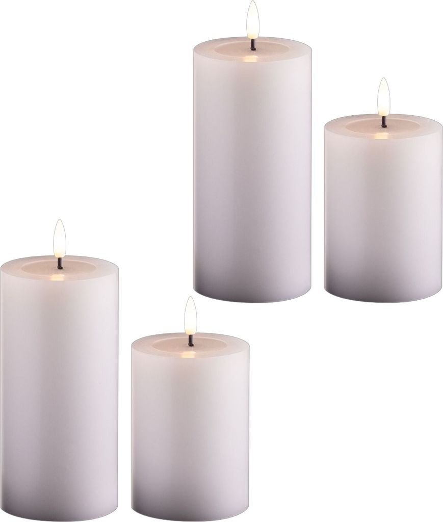 4er Set Led Kerzen flackernde Flamme mit Echtwachspiegel weiß 7,5cm ø 2x 15 cm, 2x10 cm Höhe, LED Kerzen mit Timerfunktion, 2 AA Batterien nöti...