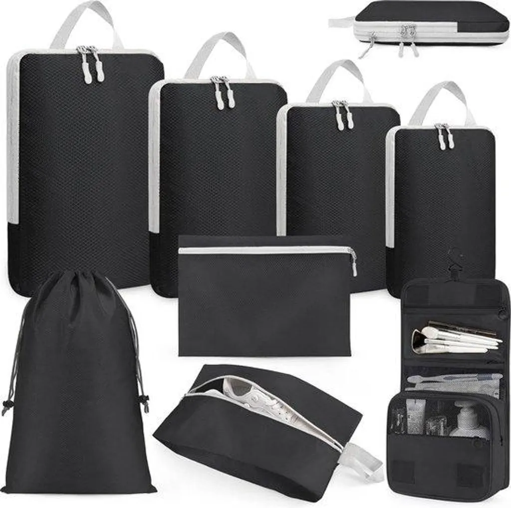 Organisateur de valise 8 pièces et set de sacs de voyage noirs
