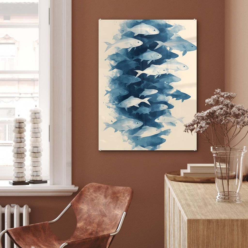 MuchoWow Glasbilder - Bilder auf Wandbild - Foto auf Glas Fische - Minimalistisch - Blau 60x80 cm Wanddekoration aus Glas - Acrylglasbild - Acrylbi...
