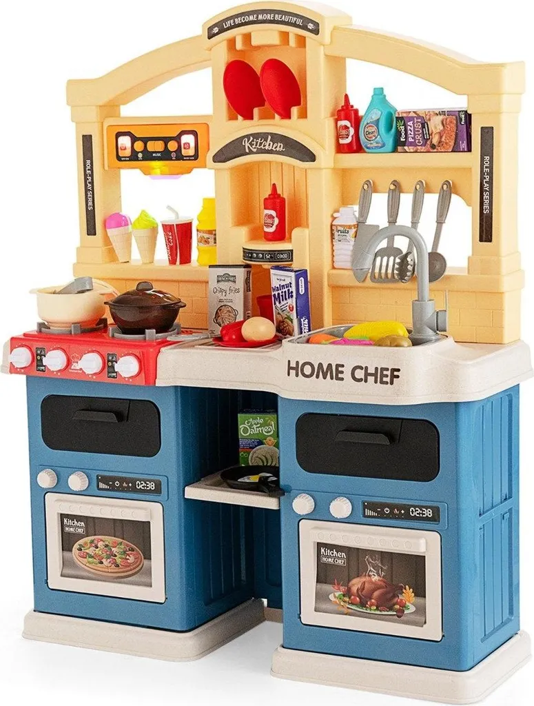 Cuisine de jeu interactive vapeur et son 69 pièces kit bleu enfant