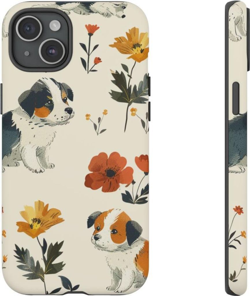 Niedliche Welpen und Blumenmuster – Hülle Kompatibel mit iPhone 15 Plus