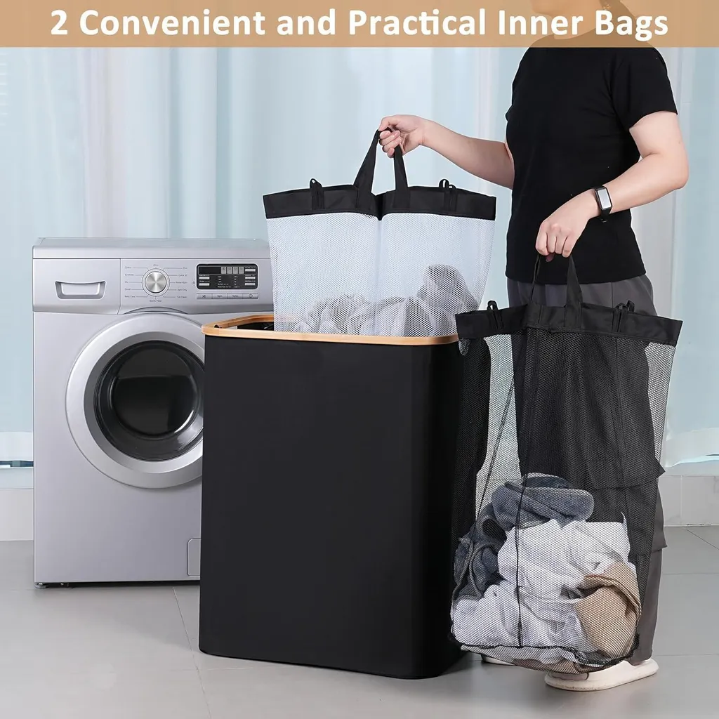 Panier à linge 2 compartiments 150L avec sacs amovibles et couvercle