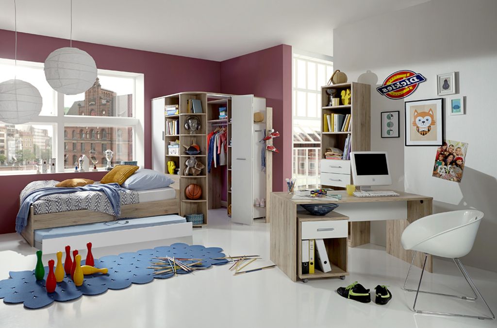 Jugendzimmer komplett Set mit Eckkleiderschrank, begehbar und beleuchtet und Schreibtisch Set JOHANNESBURG-43 in Eiche Nb. mit weiß