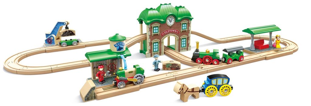 HAPE - Coffret train rétro et gare en bois - 106 x 69 x 18 Image du produit 