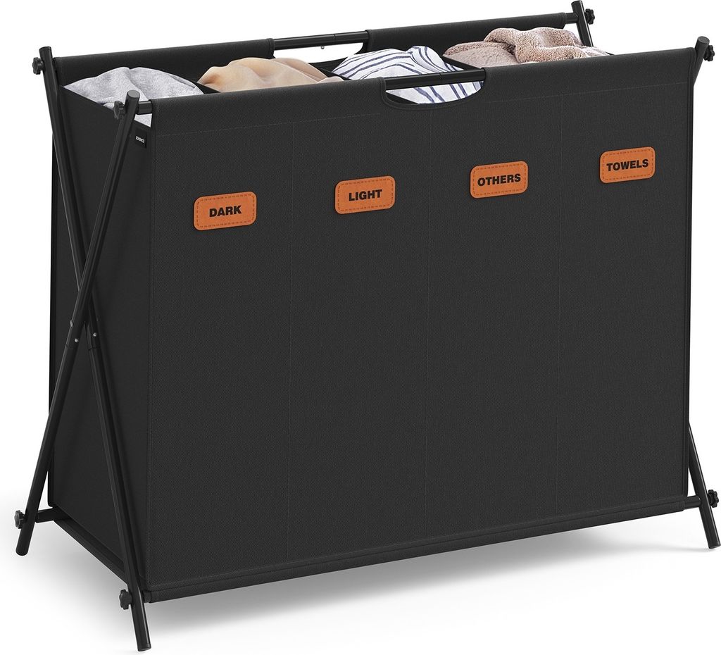 A black laundry basket with an X-frame stand, filled with laundry. It has four labeled compartments: 'DARK', 'LIGHT', 'OTHERS', and 'TOWELS'.