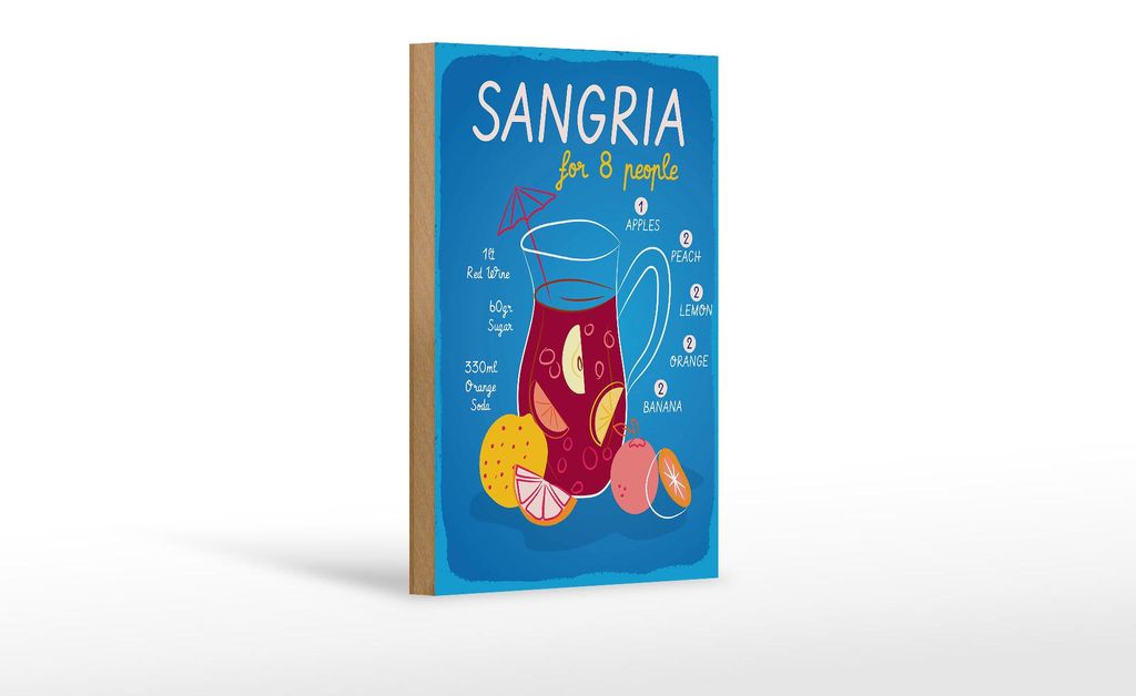 Holzschild Rezept Sangria Recipe for 8 people 12x18 cm Dekoration
