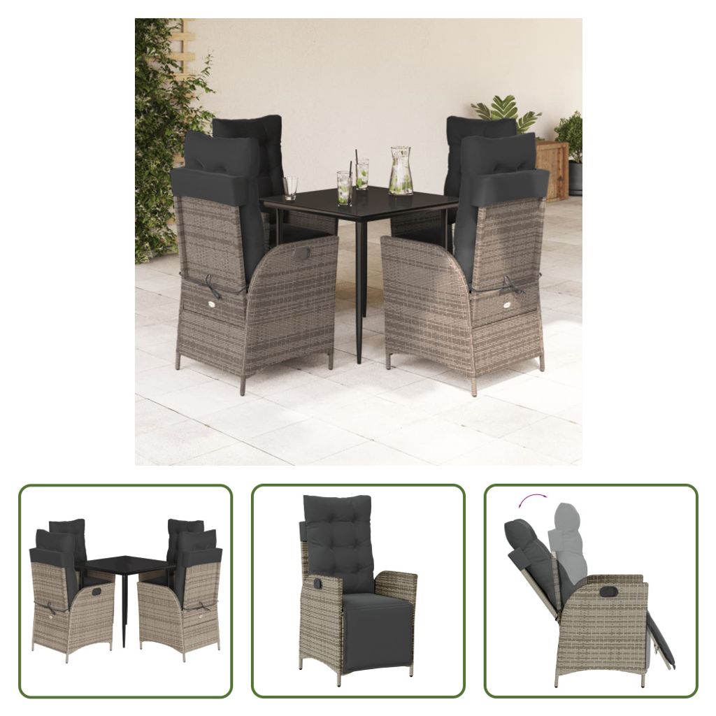 The Living Store 5-tlg. Garten-Essgruppe mit Kissen Grau Poly Rattan