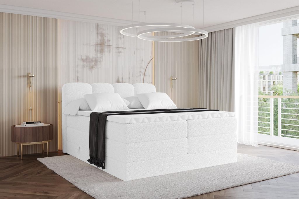 ALTDECOR Boxspringbett - H3/H4 Matratze und Topper - NINA KING - 120x200 - Weiß - Doppelbett, Boxbett, Polsterbett mit Bettkasten mit Stauraum und...