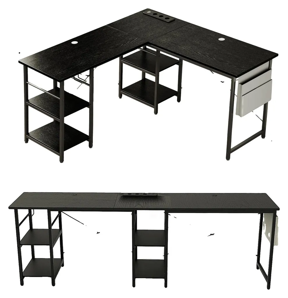 Bureau en L Noir Anti-Câbles : Solution avec Prise Intégrée Design