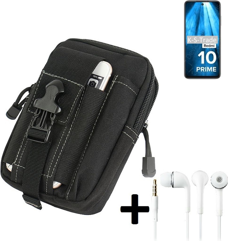 K-S-Trade Gürteltache + Kopfhörer kompatibel mit Xiaomi Redmi 10 Prime Gürtel Tasche Holster Schutz Hülle Handy Hülle schwarz inkl. Extrafächer