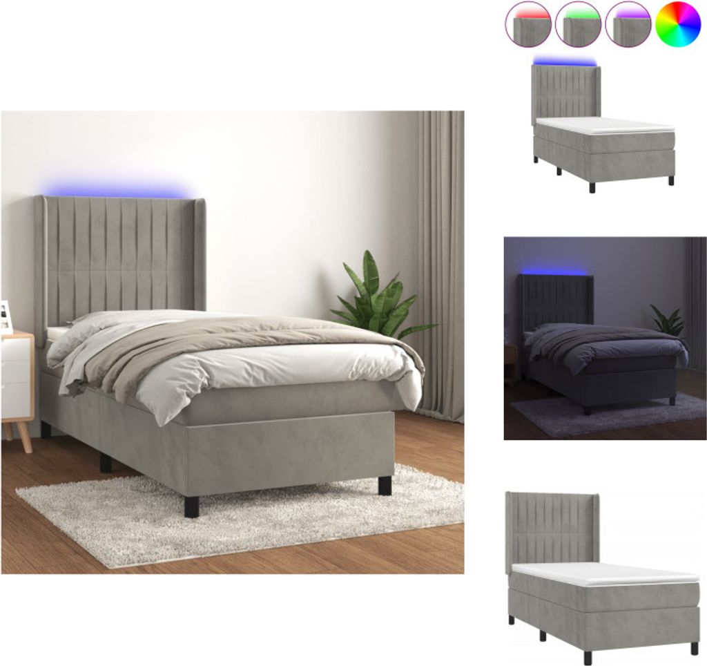 vidaXL Boxspringbett mit Matratze & LED Hellgrau 90x190 cm Samt - Betten & Bettgestelle