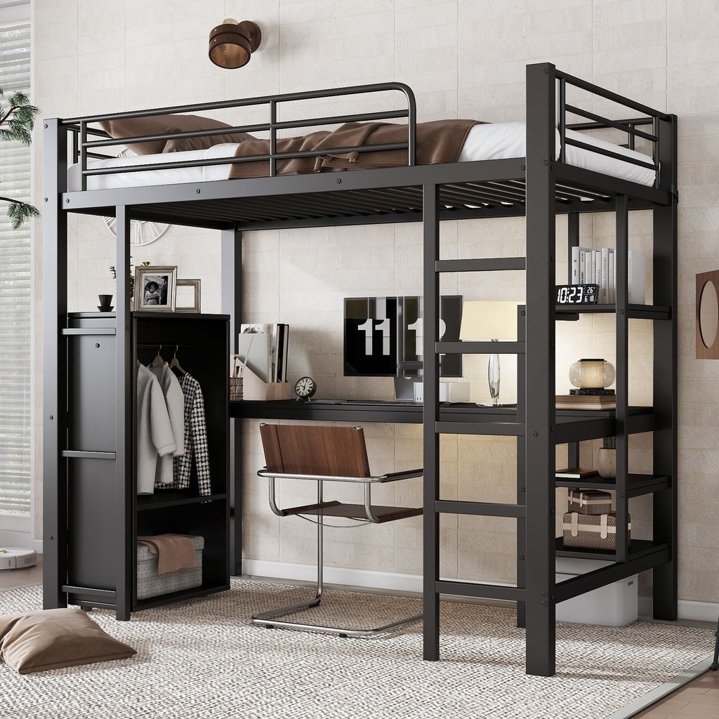 A loft bed with a desk and wardrobe, set up in a room.