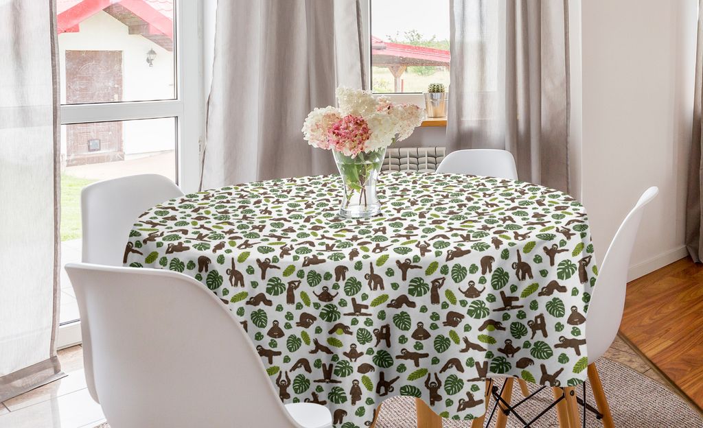 ABAKUHAUS lustige Sloth Runde Tischdecke, Faule Tier Monstera, Kreis Tischdecke Abdeckung für Esszimmer Küche Dekoration, 150 cm, Umber Olivgrün