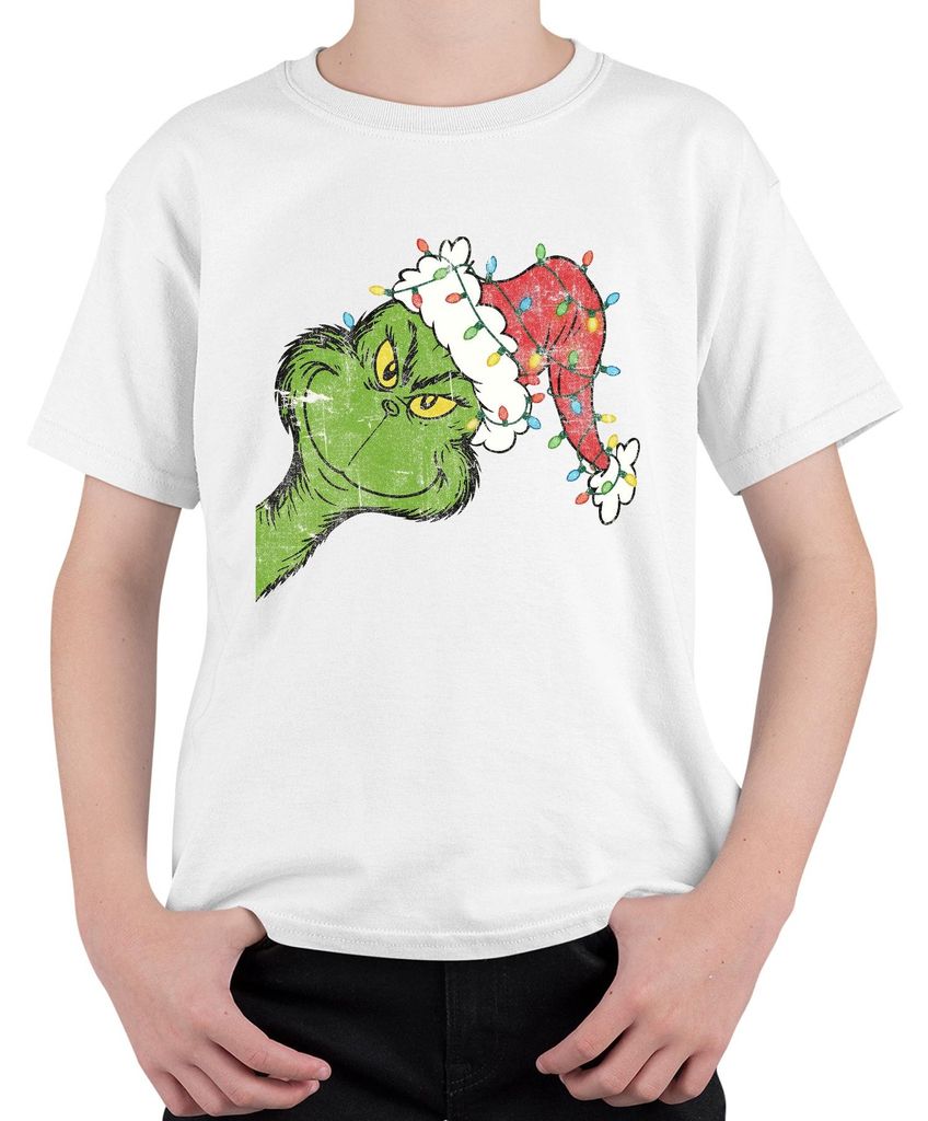 Grinch Gesicht Lichterkette Weihnachtshut Weihnachtsfilm Weihnachten Uni Kinder T-Shirt, Weiß, 104
