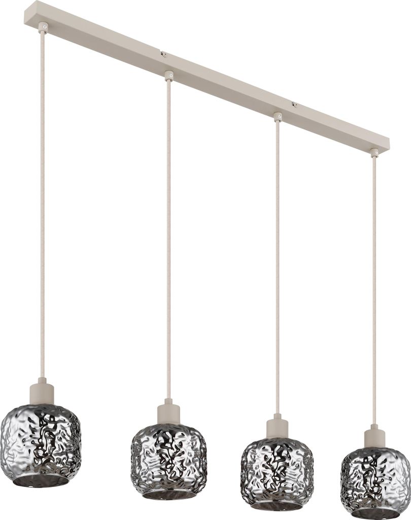 GLOBO 15973-4H ANTONIO Hängeleuchte Metall beige matt, Glas rauchfarben, verchromt, Kabel Textil beige, Höhe kürzbar, Gläser mit Dellen, LxBxH:...