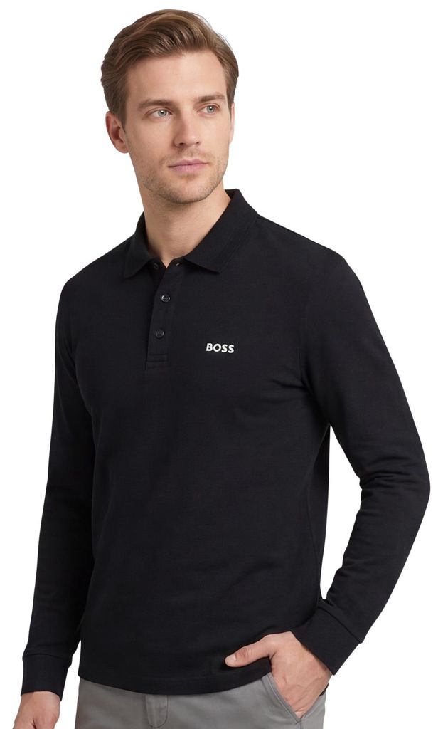 Boss Green Poloshirt langärmelig schwarz Baumwolle