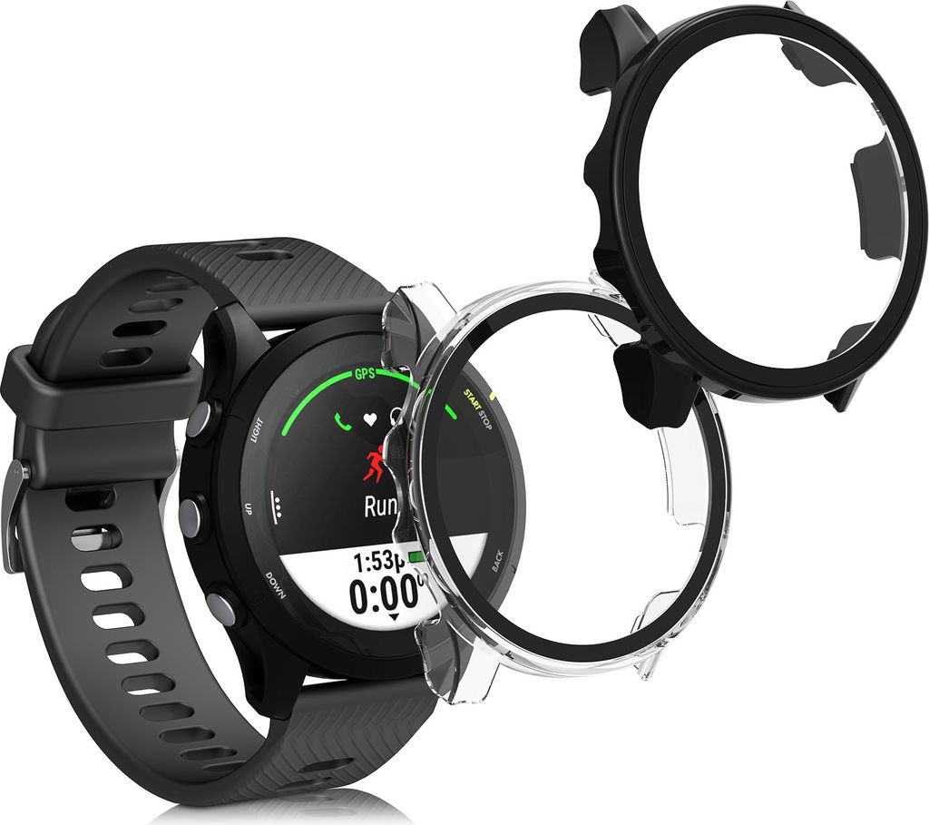 kwmobile 2x Cover kompatibel mit Garmin Forerunner 255 / 255 Music Hülle - Fullbody Fitnesstracker Case Set aus Glas - Schwarz Transparent