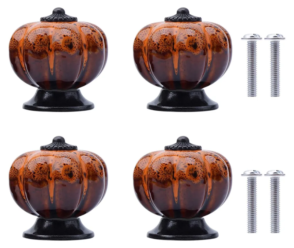 Lot de 4 Boutons de Meuble en Céramique Orange Citrouille avec Vis