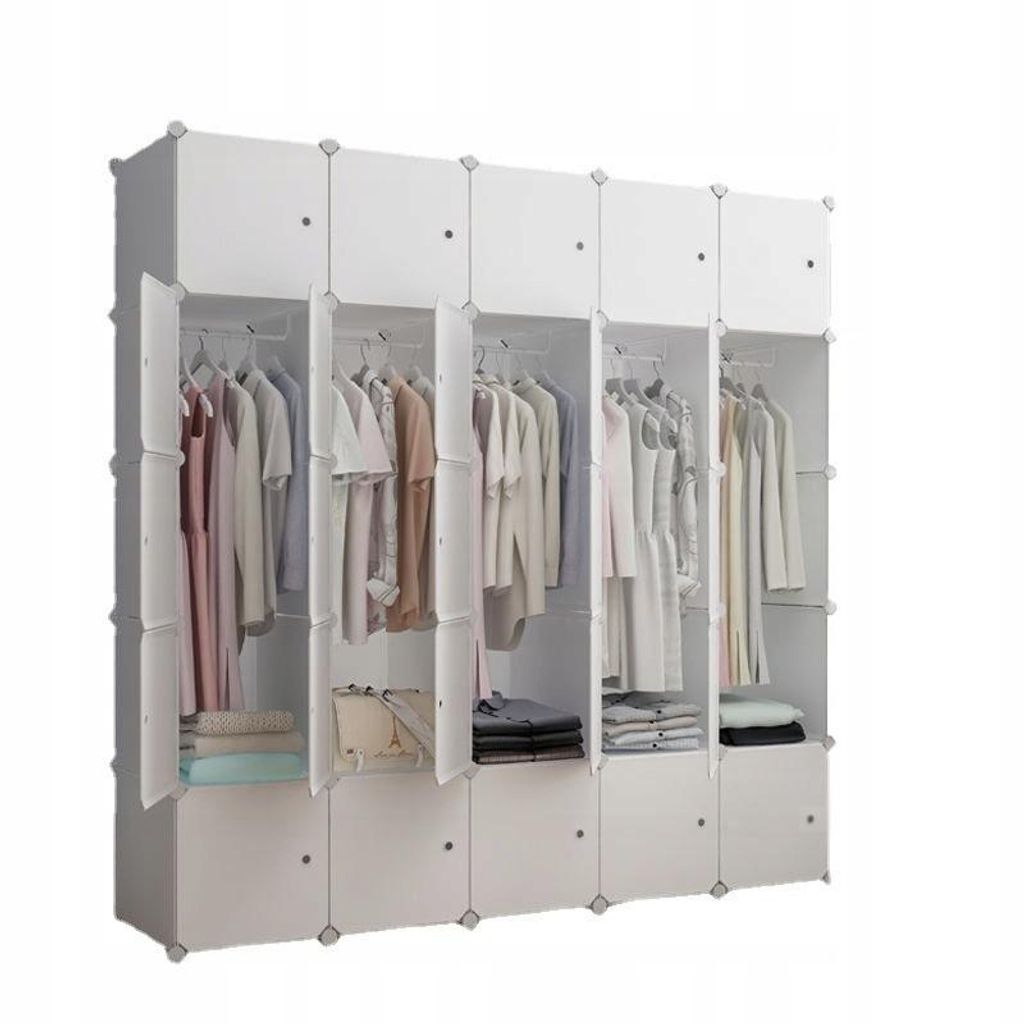 A modular white wardrobe with several compartments filled with clothes.