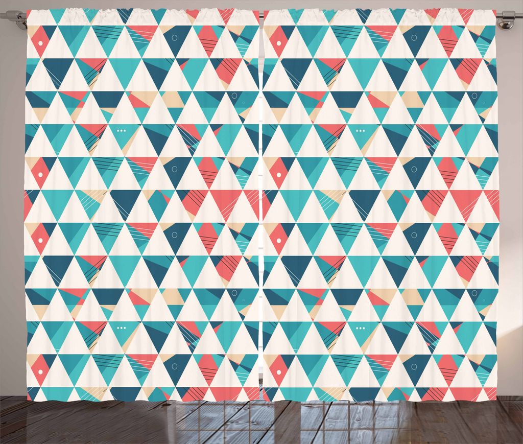ABAKUHAUS Geometrisch Rustikaler Gardine, Dreieck Hexagone, Schlafzimmer Kräuselband Vorhang mit Schlaufen und Haken, 280 x 225 cm, Türkis Korall...