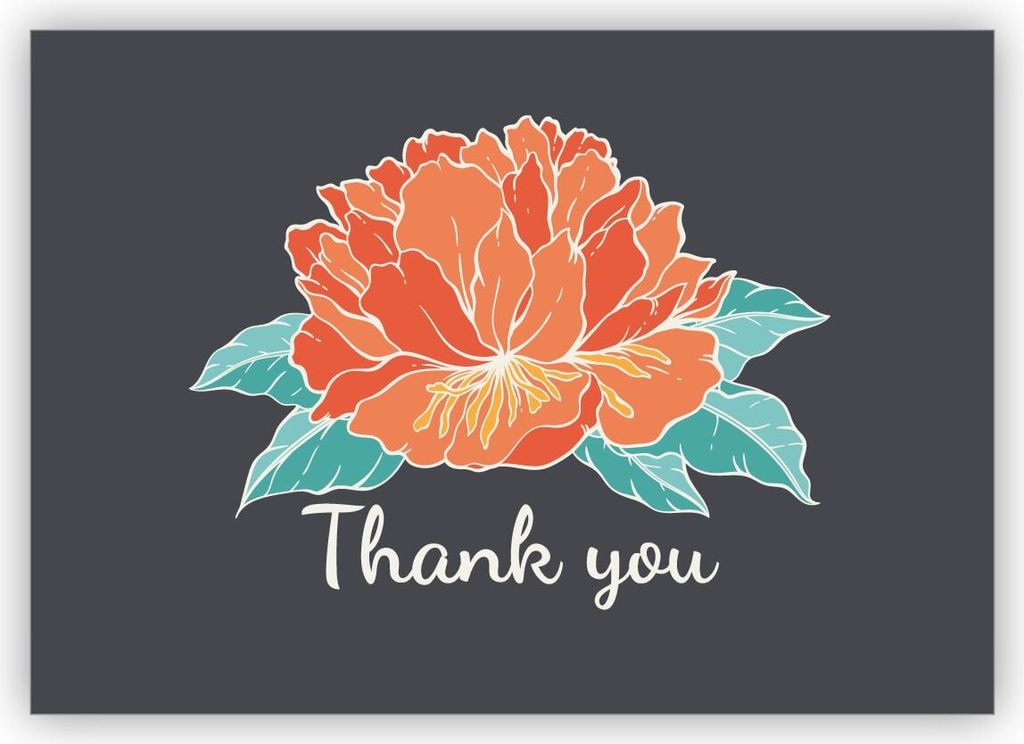 4x Elegante englische Blumen Dankeskarte mit Hibiskusblüte, edles grau: Thank you