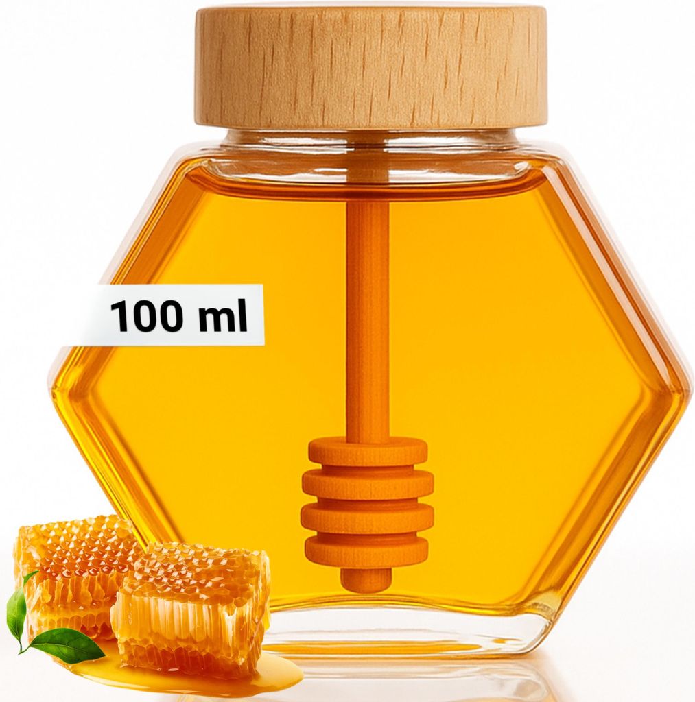 Sklenice na Med 100 ml s Bambusovým Víčkem a Tyčinkou – Obrázek produktu 