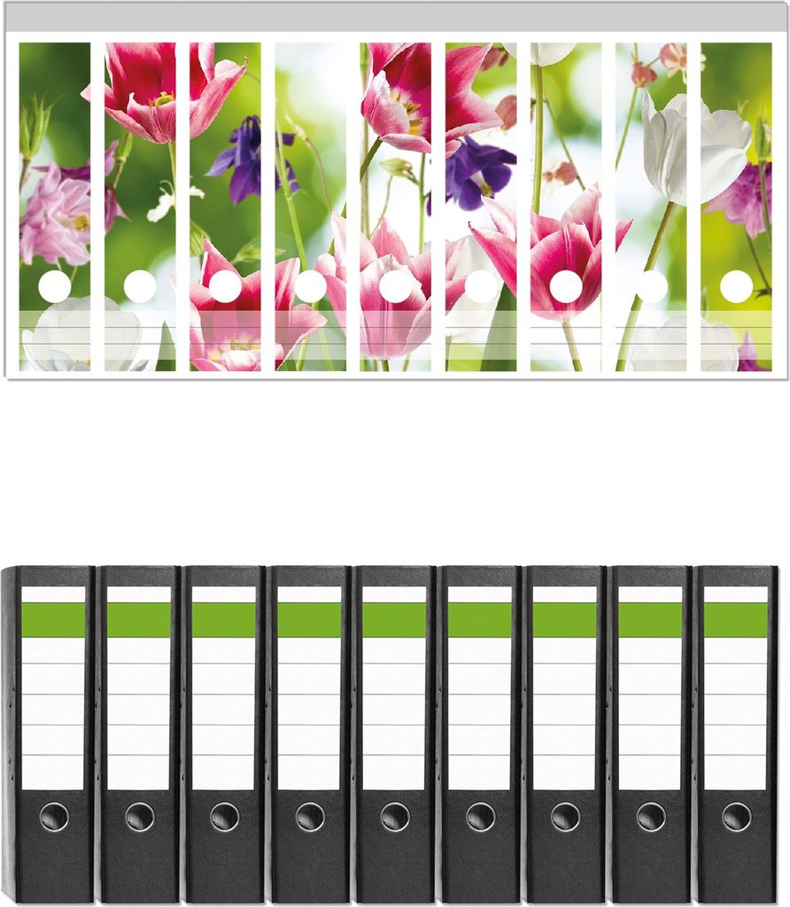 Wallario 9 Stück breite Ordner inkl. Klebeetiketten mit Motive Blühende Blumen im Frühling in pink und weiß - Set mit Rückenschildern / Ordne...