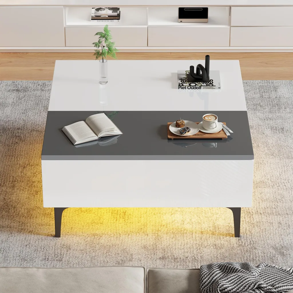Table Basse Blanc Brillant 70cm Plateau Relevable et Eclairage App LED - 3