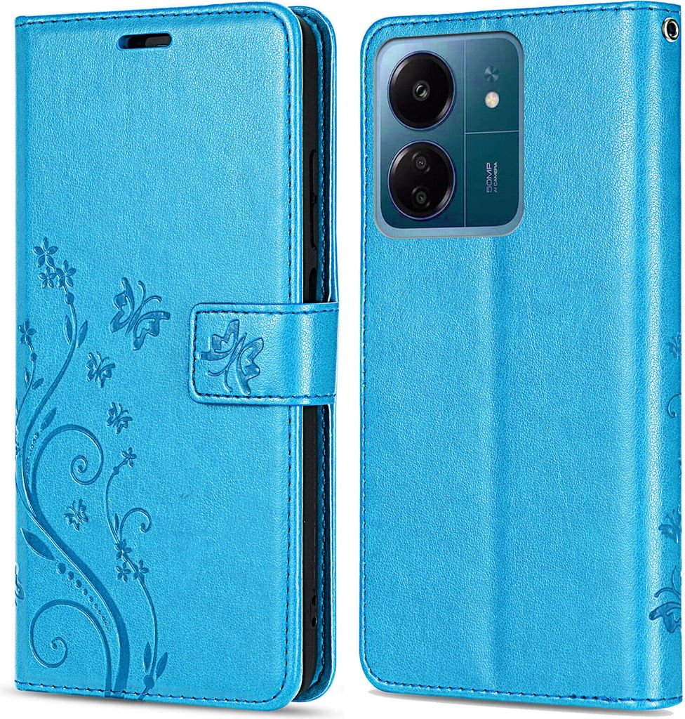 A blue flip wallet phone case with a floral and butterfly design is shown.