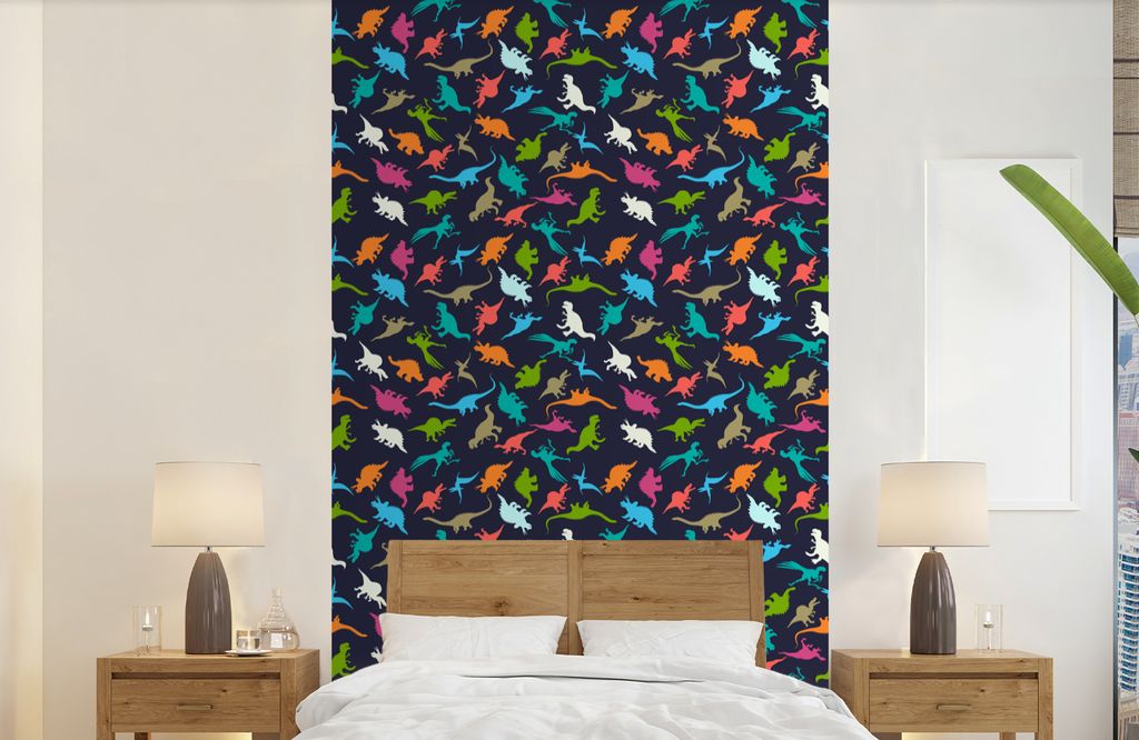 MuchoWow Fototapete für Wohnzimmer oder Schlafzimmer Wandtapete Vinyl Motivtapete Muster - Dino - Farben - Jungen - Kinder - Kind - 150x240 cm -...