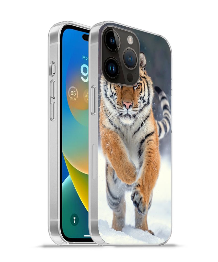 MuchoWow Handyhülle Schutzhülle Hülle für Apple iPhone 14 Pro Max Tiger - Landschaft - Schnee - Tiere Silikon Softcase Handy Hülle - Hardcover
