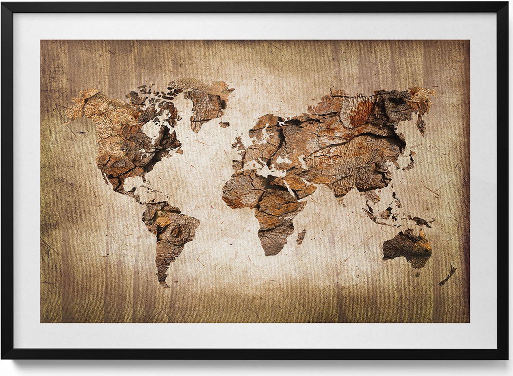 Hölzerne Weltkarte– Wandbild mit Rahmen – Gerahmtes Bild – Wanddekoration – 100x70 cm – Schwarz Rahmen