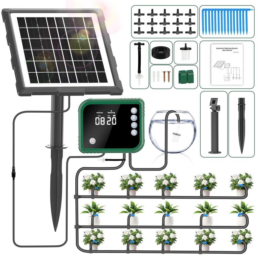 Speed Automatisches Solar-Tropfbewaesserungsset mit Steuergerät, Solar Bewässerungssystem fuer Garten, Balkon,mit Timer und 15 Tropfer -15m Schlauch