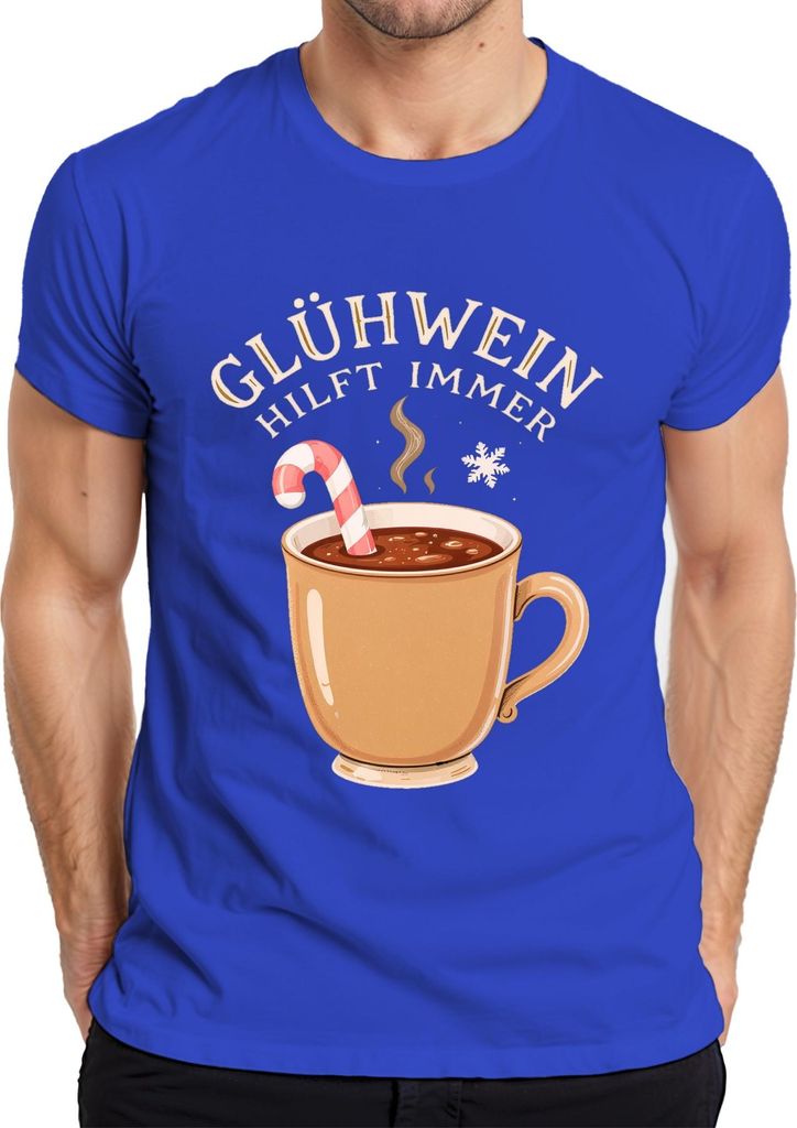 Glühwein hilft immer Weihnachtsmarkt Winter Geschenk Zuckerstange Herren T-Shirt, Blau, L
