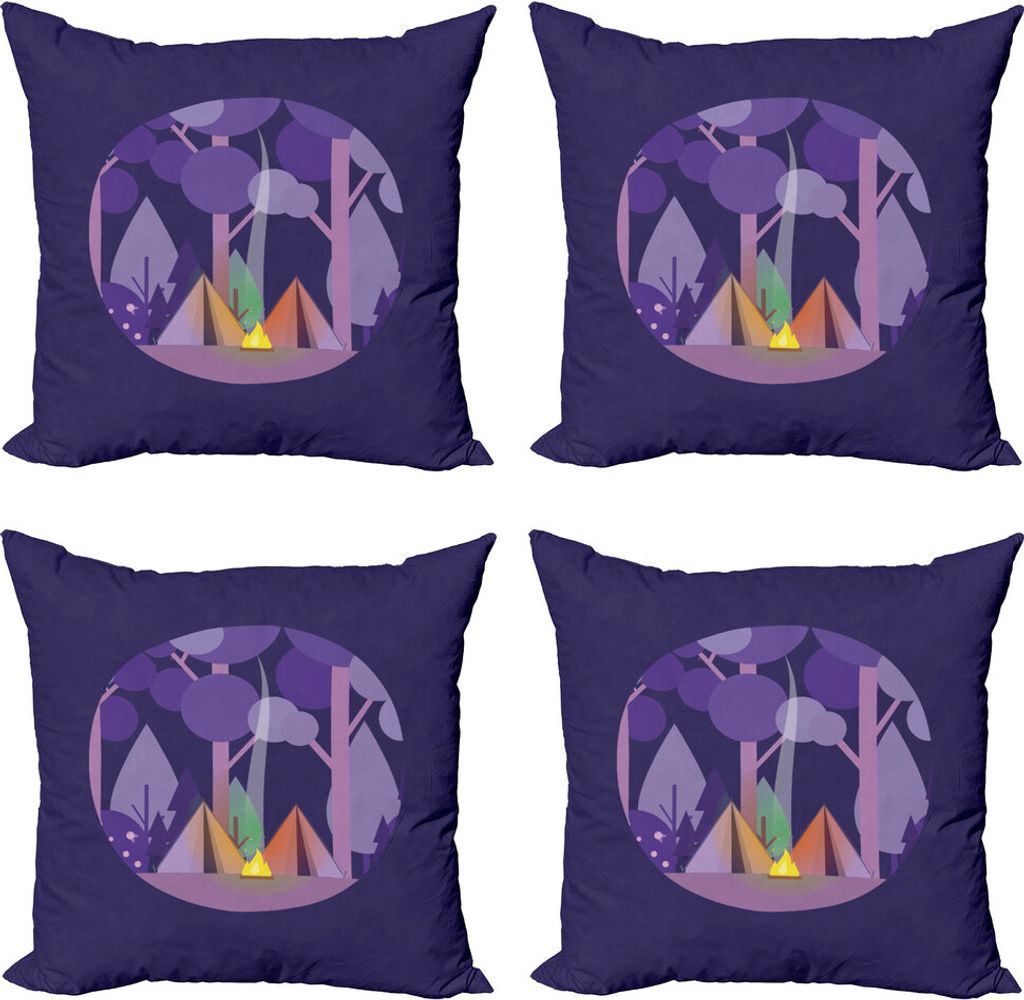 ABAKUHAUS Camping Kissenbezug Set (4 Stück), Waldlandschaft mit Zelten, Moderner Doppelseitiger Digitaldruck, 50 cm x 50 cm, Dark Purple Lila Violett