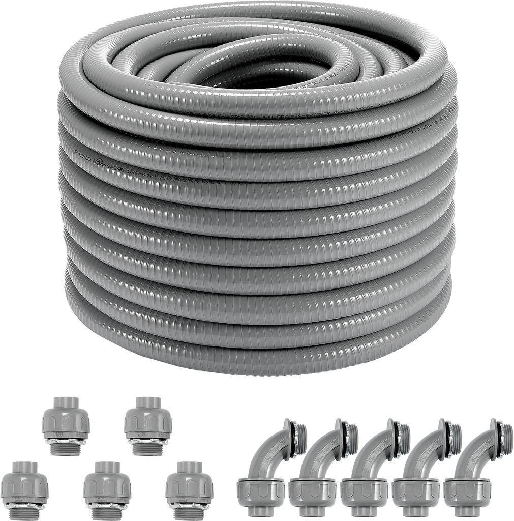 VEVOR 19,1 mm elektrisches Flexschlauch, 30,5 m, flüssigkeitsdichtes PVC-Leitungsrohr, mit 5 geraden und 5 90-Grad-Leitungsanschlussstücken, für...