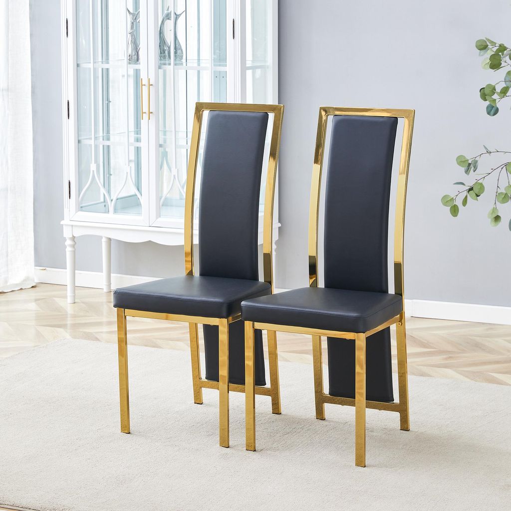 MODFU Esszimmerstuhl 2er-Set Schwarz,Küchenstuhl mit Dreidimensionaler Goldkanten,Bürostuhl mit Rückenlehne und Metallbeine(rutschfeste Gleiter)...