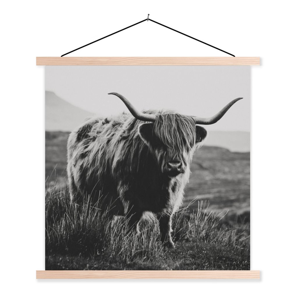 MuchoWow Textilposter Schottischer Hochlandbewohner - Natur - Kühe - Tiere - Schwarz und weiß 40x40 cm mit holzfarbenen Rahmen - Posterleiste