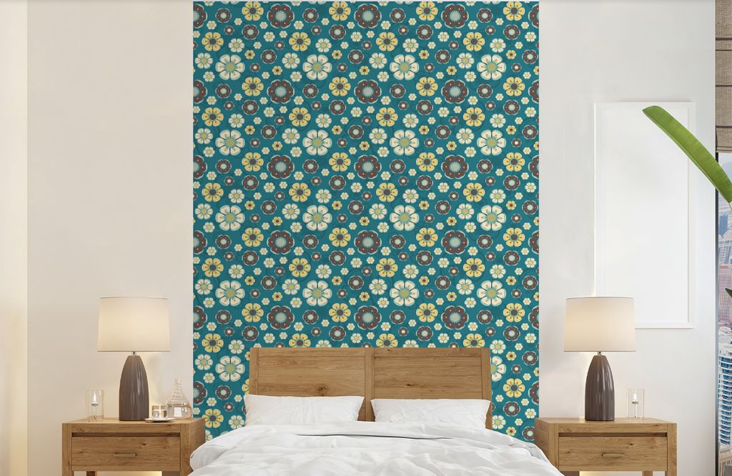MuchoWow Fototapete für Wohnzimmer oder Schlafzimmer Wandtapete Vinyl Motivtapete Retro - Blumen - Muster - Blau - 140x220 cm - Fototapeten