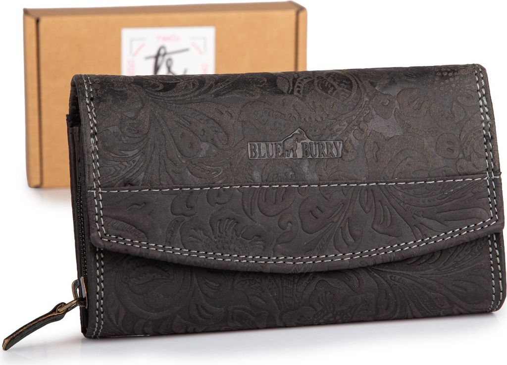 BlueBurry Damenbrieftasche mit Blumenprägung Vintage-Stil Echtleder Schwarz